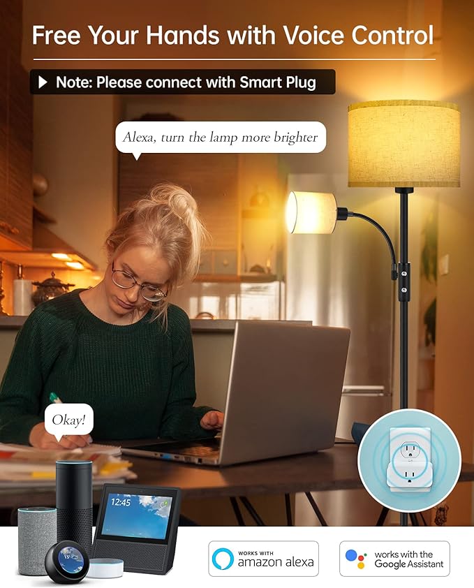 Floor Lamps for Living Room, Modern Floor Lamp with Reading Lamp(9W, 4W), 3 Color Temperature LED Bulbs, 62" Tall Standing Lamp, Beige Lampshades, Simple Pole Lamps for Bedroom/Office/Kids Room/Den