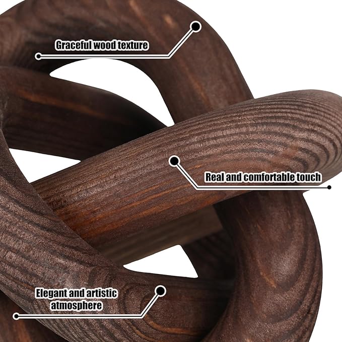 3 Link Wood Knot Decor - Hand Carved Coffee Table Decoration, Boho Chain Link Decor, Modern Shelf, Rustic Objects for Home Living Room Bedroom(Black Walnut)