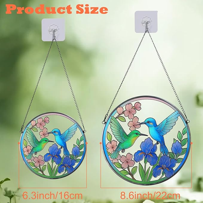 Stained Glass Sun Cather for Window Hanging, 8.6'' Hummingbird Suncatcher with Flowers for Indoor Ornament, Bird Stain Glass Home Decor for Women, Mother