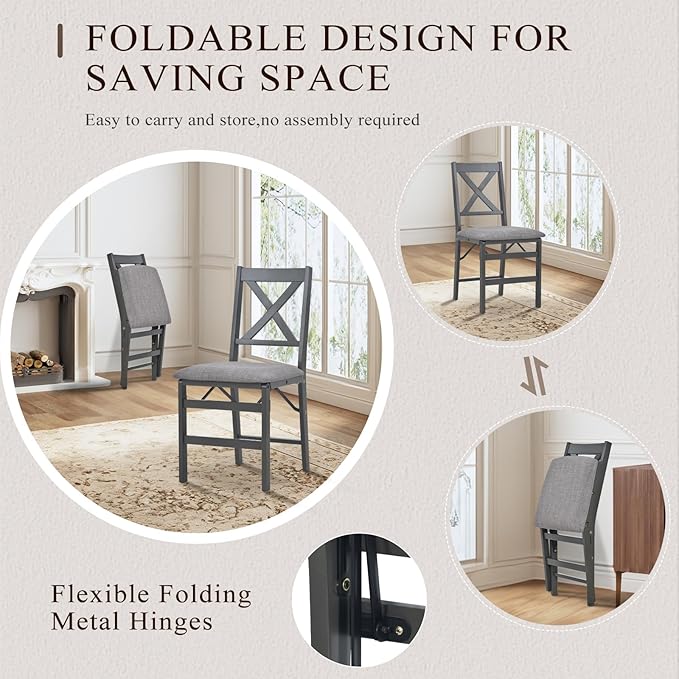 COLAMY Folding Dining Chairs Set of 2, Foldable Chairs with Padded Seats, Wood Folding Dining Room Chairs for Kitchen, Party, Camping, Dark Grey