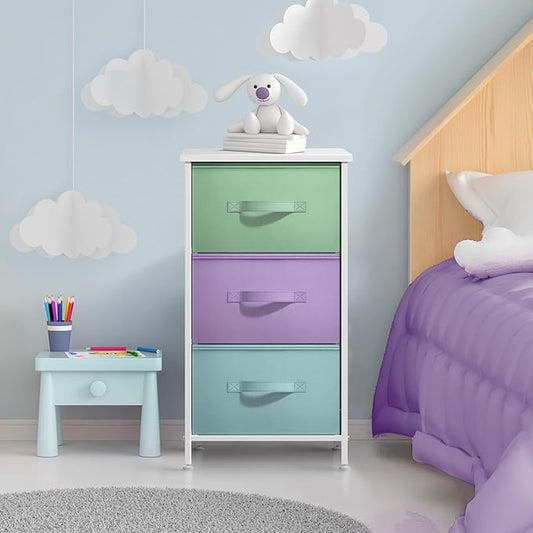 Sorbus Nightstand with 3 Drawers - Bedside Furniture & Accent End Table Storage Tower for Home, Bedroom Accessories, Office, College Dorm, Steel Frame, Wood Top, Easy Pull Fabric Bins (Pastel/White)