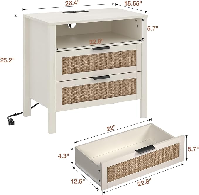 HOMMPA Nightstand with Charging Station, Rattan Night Stand with Drawer, Boho Bedside Table with USB and Type-C Ports, Large Side Table End Table for Bedroom, Living Room, Small Space, Cream