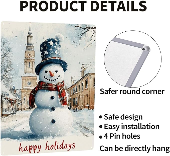 Cafemira Metal Signs,Happy Holiday Snowman,Tin Sign Art Wall Home Decor,Metal Plaque,For Cafe,Living Room,Bedroom,Office,Indoor Outdoor Decor,Practical Decorative Poster.Easy To Hang,12x16 Inch