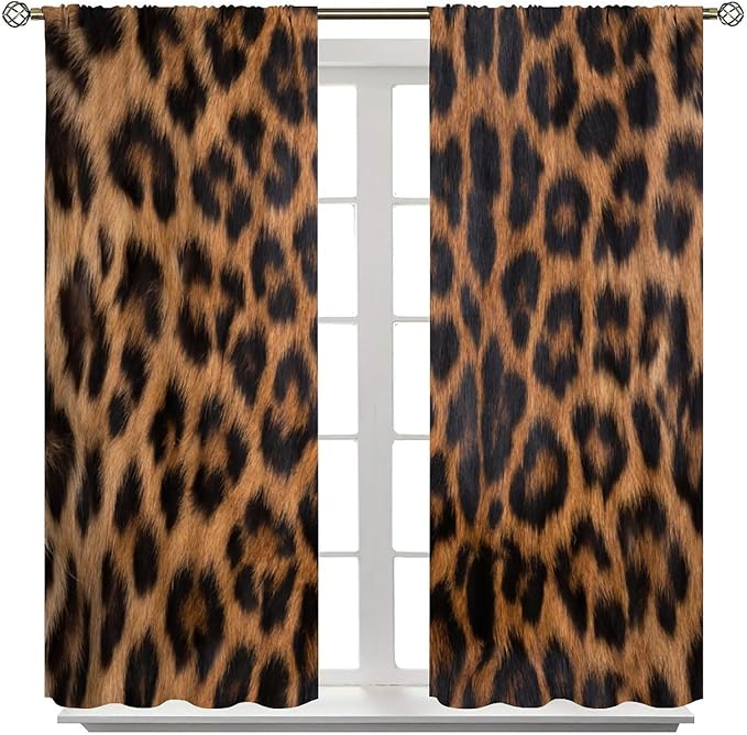 Leopard Print Blackout Curtain, Black Brown Fur Leopard Print Wild Animal Skin Drapes, Window Treatments Rod Pocket 2 Panels Curtains for Bedroom Nursery Office Living Room Decor 63"W X 63"L
