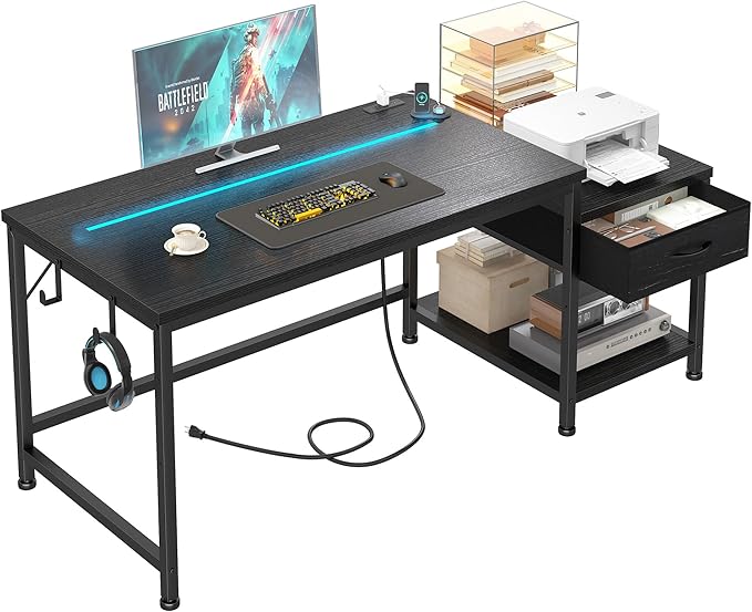 Gaming Desk with Printer Shelf & Storage Shelves,48.1 Inch Computer Desk with LED Lights & Power Outlet,Office Desk with Headphone Hook,Reversible Corner Desk for Bedroom,Black