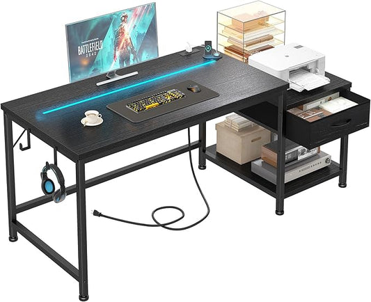 Gaming Desk with Printer Shelf & Storage Shelves,48.1 Inch Computer Desk with LED Lights & Power Outlet,Office Desk with Headphone Hook,Reversible Corner Desk for Bedroom,Black