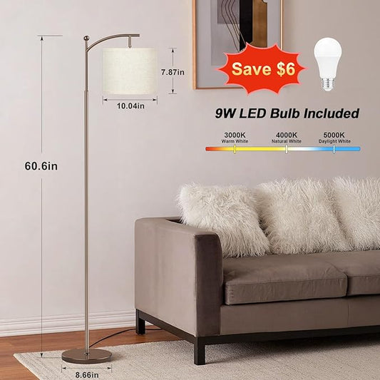 60" Floor Lamps for Living Room with 3 Color Temperatures, Adjustable Beige Shade with Brown Pole, Tall Lamps for Living Room Bedroom Office Classroom Dorm Room, 9W Bulb Included