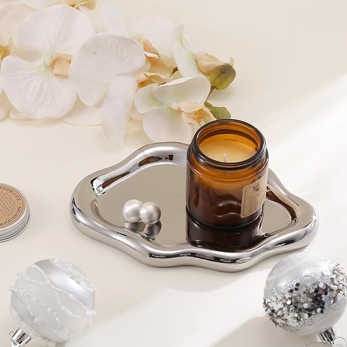 Ceramic Jewelry Tray Trinket Dish, Decorative Cloud Vanity Key Tray for Women, Ring Holder Dish, Cute Jewelry Plate Bowl Room Decor Aesthetic, Silver, Medium