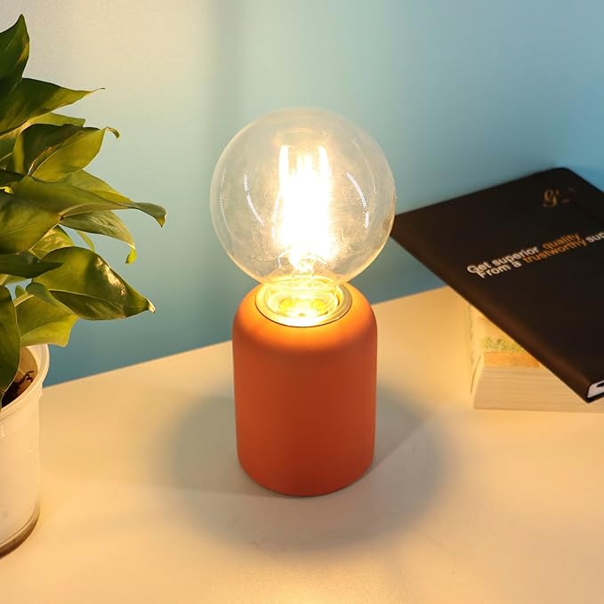 Mini Modern Orange Red Concrete Bedside Table Lamp, 3.5 x 3.5 x 8.5 Inch Nightstand Lamps, with Spherical Bulb Round Side Table Lamp for Bedroom Living Room Entryway Table Lamps