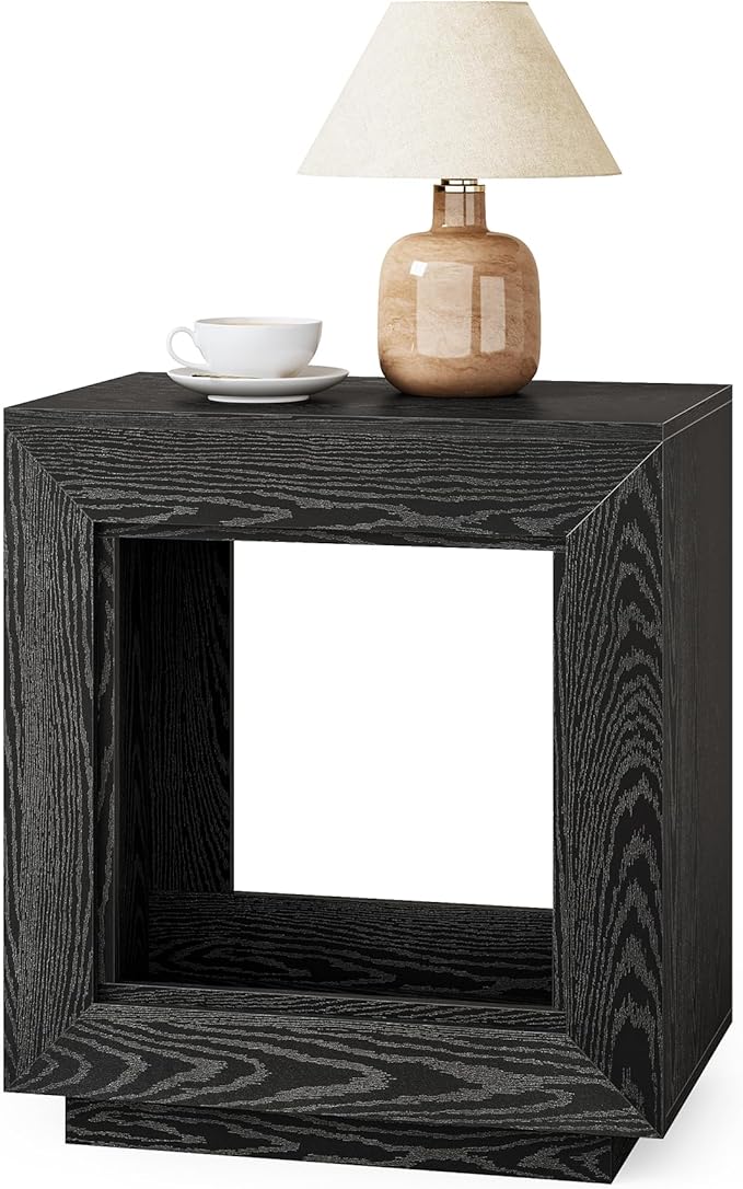 LITTLE TREE End Table with Storage, Set of 2 Wooden Square Side Table, Industrial Sofa Side Tables for Living Room, 2-Tier Bedside Table Nightstand Chair Side Table for Bedroom, Small Spaces, Black