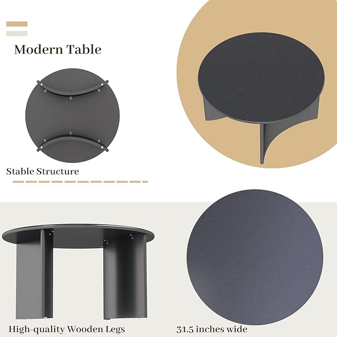 31.5" Mid Century Modern Coffee Table for Living Room, Round Table with Rubber Legs, Small Unique Cocktail Tea Table for Living Room Bedroom Apartment Small Space, Black