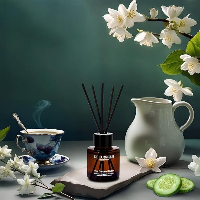 Tea Garden Bloom Reed Diffusers for Home – Aroma Diffuser with English Tea, Cucumber, Davana & Musk – Formula – Long Lasting Scent for Bedroom, Office, or Living Room – 50ml