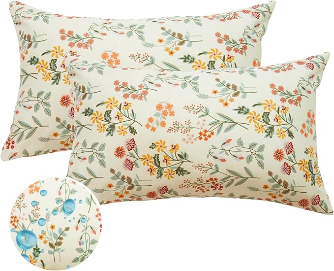 Floral Outdoor Lumbar Pillows Waterproof 12x20 for Patio Furniture Set of 2 Beige Cream Decorative Pillow Covers for Couch Porch Chair Bench Reversable Country Rustic Farmhouse Pillow Cases