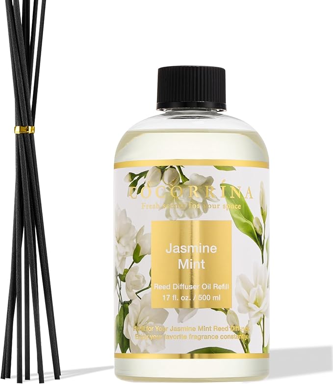 Cocorrína Reed Diffuser Refill Jasmine&Mint 17oz (500ml) with 8 Sticks - Premium Long-Lasting Scented Oil, Home Fragrance for Bedroom, Bathroom Home Decor
