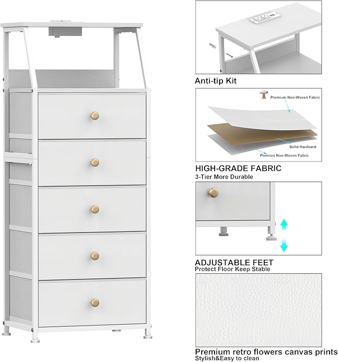 Tohomeor Dresser with Fabric Drawers Nightstand with 2 Tier Shelf Storage Tower for Bedroom Hallway Entryway Closet Organizer Sofa Beside Table Furniture (White, 5 Drawers)