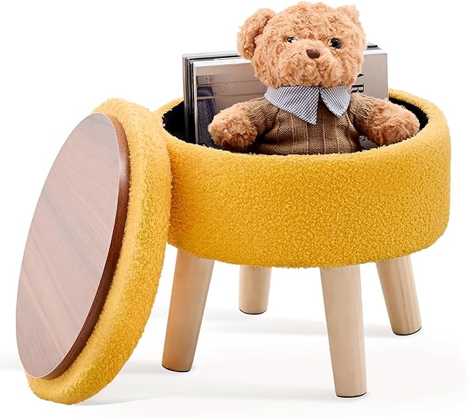 Mxfurhawa Versatile Storage Ottoman, Round Footstool with Soft Padded Seat, Small End Table with 4 Wood Legs, Teddy Velvet Foot Rest for Couch,Shoe Changing Stool for Living Room (Yellow)