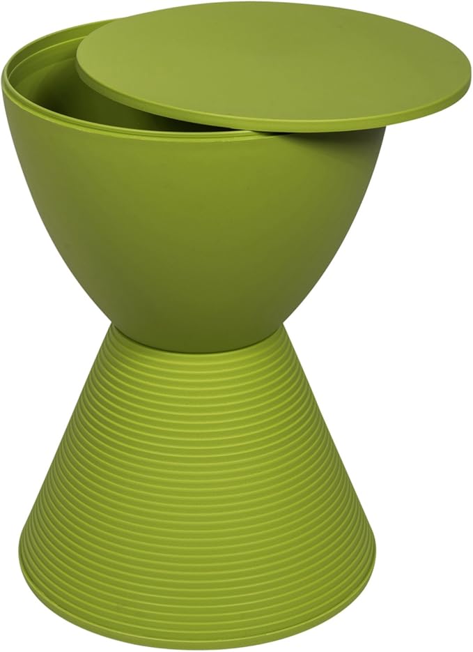 LeisureMod Green Hourglass Side Table with Storage – Modern Ribbed Drum End Table, Removable Lid, Compact Accent Table for Indoor/Outdoor Use