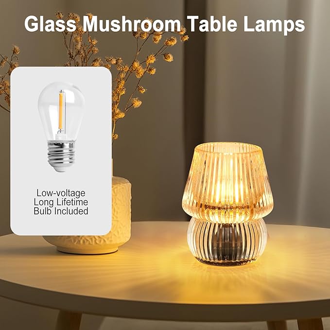 Battery Operated Lamp with Timer, Small Cute Cordless Glass Table Lamp for Home Decor, Kitchen, Bathroom, Birthday Gift for Women, Mushroom, Amber