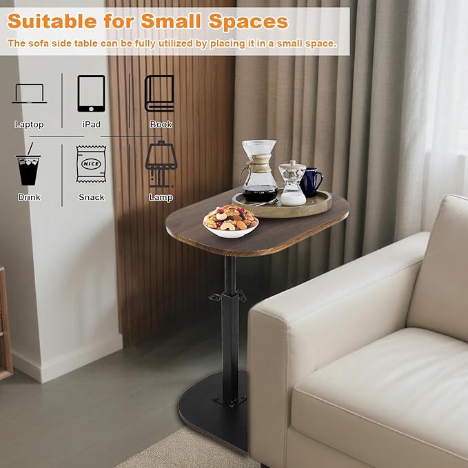 Side Table TV Tray for Couch,Height Adjustable 360° Swivel C Shaped End Table for Small Spaces,Bedside Bathroom Living Room (Walnut Wood)