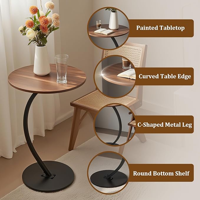 C-Shaped End Table, Round End Table for Living Room，Small Side Table for Couch, Retro Sofa Table with Metal Frame for Bedroom, Bedside Nightstand Rustic (Walnut)