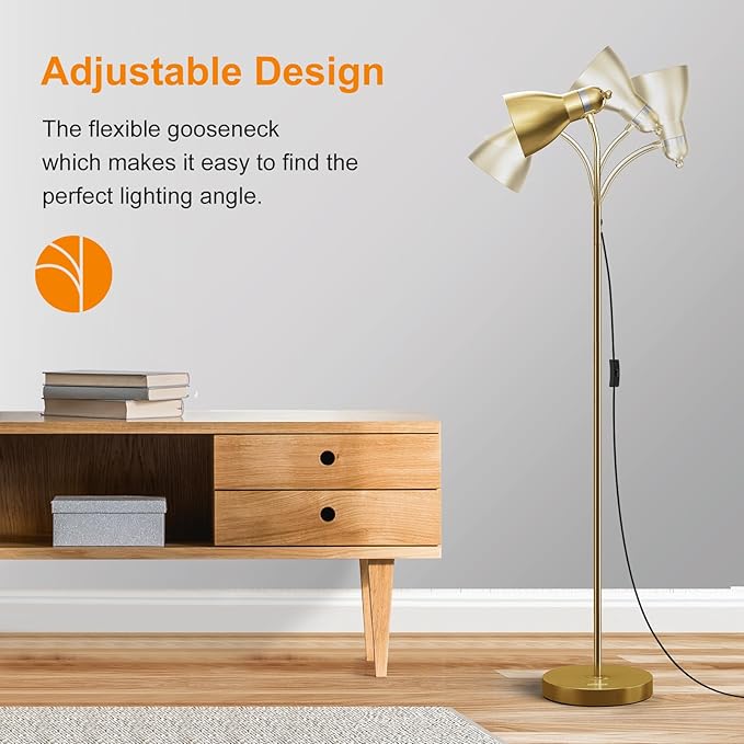 LEPOWER Floor Lamp, Metal Standing Lamp with Adjustable Gooseneck, Heavy Metal Base, Reading Pole Lamp for Office, Golden Floor Lamps for Bedroom, Living Room