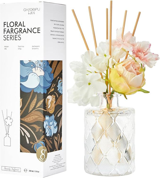 Chloefu Lan Creamy Vanilla Reéd Diffuser, Milky Coconut, 6.7 oz Flower Diffuser with Sticks, Modern Farmhouse Decor, Bathroom & Office Decor, Room Freshener