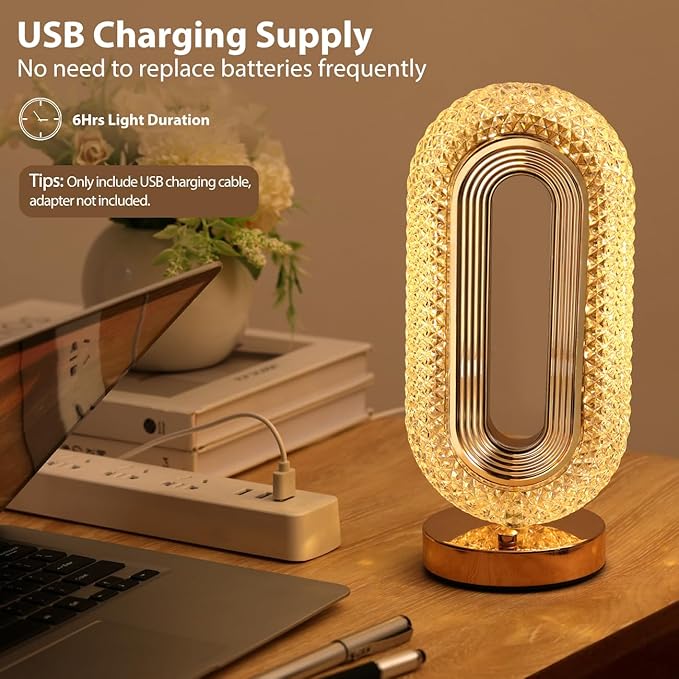 Lewondr Bedside Table Lamp for Bedroom, 3 Color Dimmable Night Light with USB Port, Rechargeable Touch Lamps, Crystal Modern Oval Light Nightstand Desk Lamp for Dorm Living Room Office