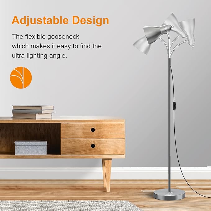LEPOWER Floor Lamp, Metal Standing Lamp with Adjustable Gooseneck, Heavy Metal Base, Reading Pole Lamp for Office, Silver Floor Lamps for Bedroom, Living Room