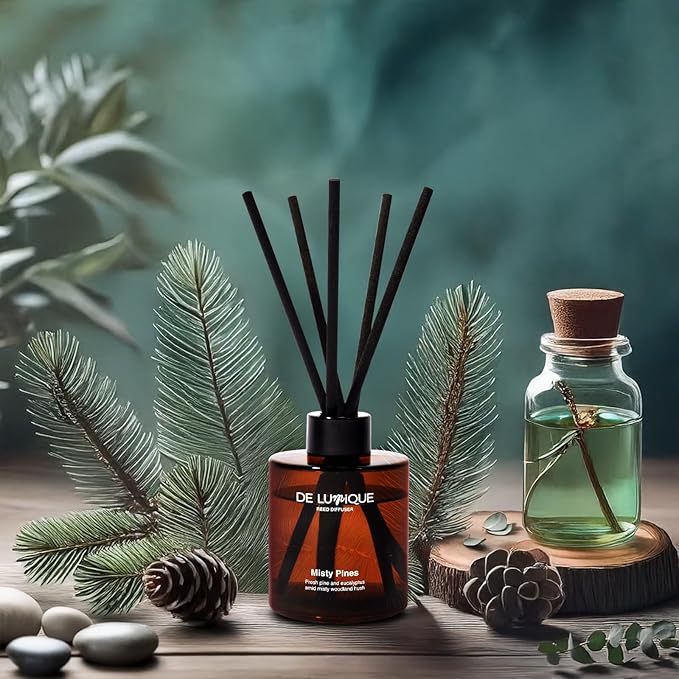 Misty Pines Reed Diffuser – Luxury Reed Diffuser with Fresh Pine, Eucalyptus, Rosemary & Sweet Amber – Long Lasting, Crafted by Perfumers Home Fragrance – 150ml