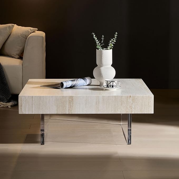 WILLIAMSPACE 34.65" Square Coffee Table with Faux Travertine Pattern & Acrylic Legs, Modern MDF Drum Center Table End Table Accent Side Table for Living Room, Easy Assembly