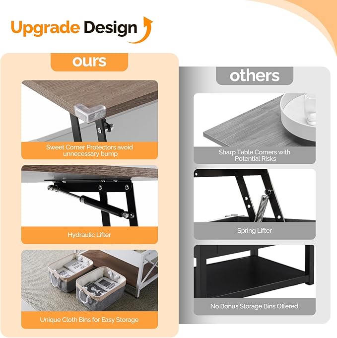 VINGLI 36" Lift Top Coffee Table with Free Cloth Storage Bins, White Walnut Framhouse Coffee Tables for Living Room, Small Modern Coffee Table for Small Space in Minimalistic Style, Dark Walnut