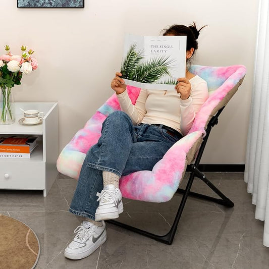 HollyHOME X-Large Saucer Chair, Comfy Oversized Folding Chair, Faux-Fur Reading Chair for Teens, Adults, Foldable Accent Lazy Chair, Metal Frame Lounge Chair for Living Room, Bedroom, Dorm, Colorful