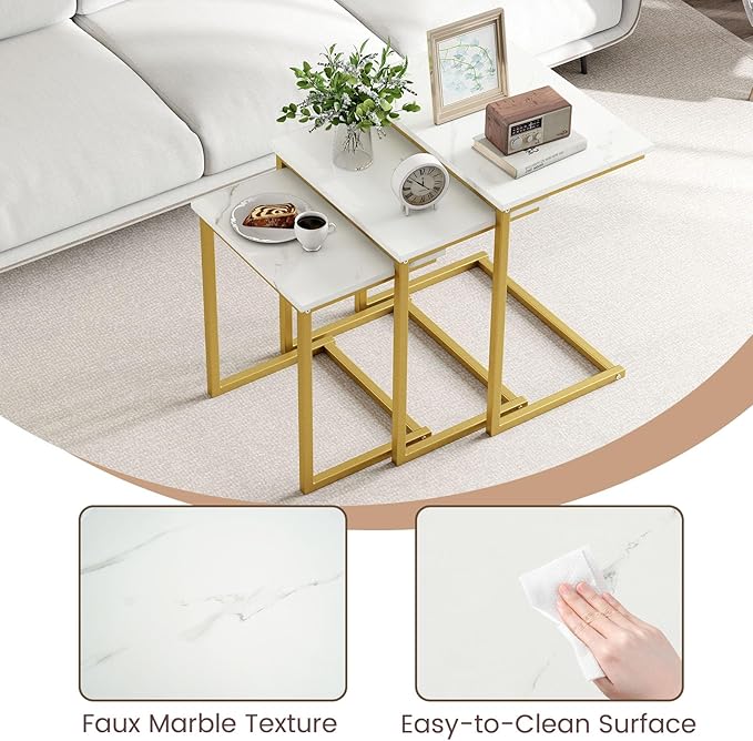 Tangkula Nesting Table Set of 3, Rectangle Stacking Side End Table with Wood Top & Metal Legs, Adjustable Foot Pads, C-shaped Accent Coffee Tables for Small Spaces, Living Room (C-shaped, White, 3-pc)