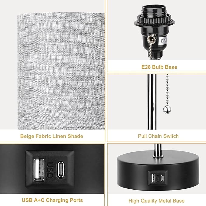 3-Color Temperature Bedside Lamp Nightstand Lamp with USB A Port and C Port, Table Lamp for Bedroom with LED Bulb Small Lamps for Living Room (Gray)