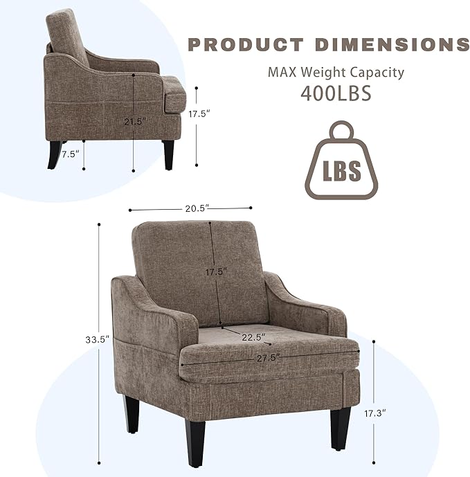 Accent Chair for Living Room,Mid-Century Arm Chair Chenille Living Room Chairs,Upholstered Reading Chair for Bedroom,Single Sofa Chair with Wood Legs for Apartment,Brown,2 Pack