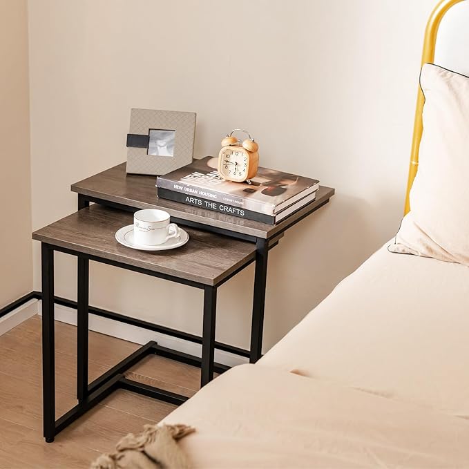 Tangkula Nesting Table Set of 3, Rectangle Stacking Side End Table w/Wood Top & Metal Legs, Adjustable Foot Pads, C-Shaped Accent Coffee Tables for Small Spaces, Living Room (C-Shaped, Gray, 3-pc)