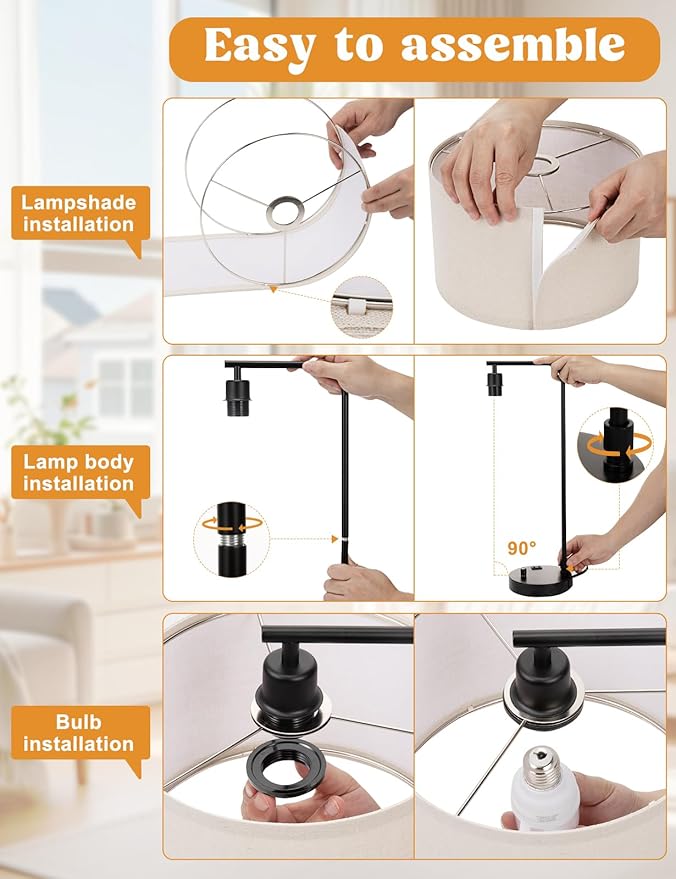 Brown Side Table Lamp with USB Port and Outlet, Dimmable Nightstand Bedside Lamps with Linen Lampshade, Desk Lamp for Bedroom, Living Room, Guest Room, Home Office, LED Bulb Included