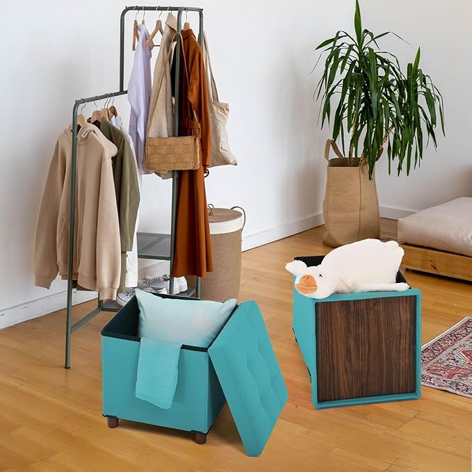 Storage Ottoman - Foldable Footstool with Storage, Square Tray, Coffee Table Lid, Light Green