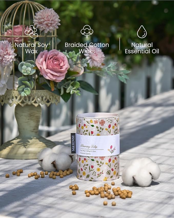 M&SENSE Blooming Tulip Scented Candle, Medium Jar Candle 11.3oz Natural Soy Wax for Home Scented, Floral Candles Gift for Spring Holiday, Up to 70 Hours Burning Long-Lasting Fragrance