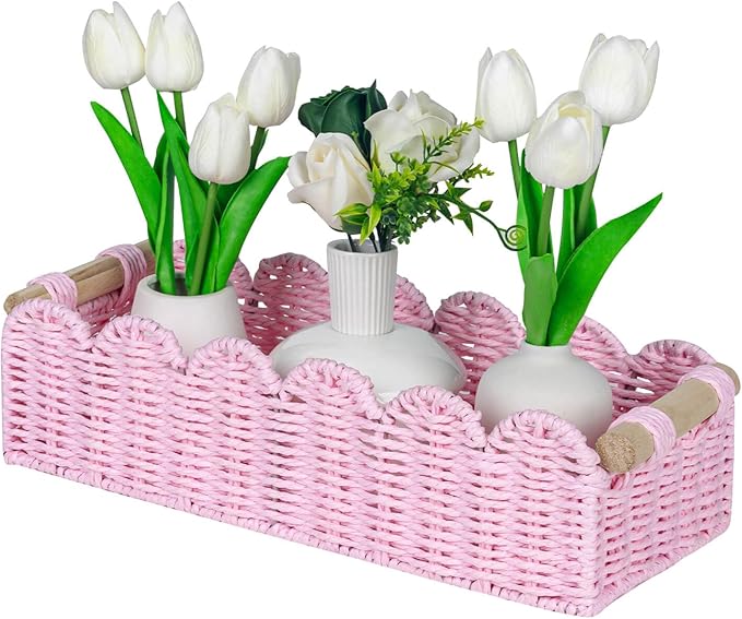 CubesLand Paper Rope Scalloped Edge Gift Basket Empty, Small Living Room,Bedroom Decor Baskets, Pink Woven Toilet Paper Storage Basket, with 2 Wooden Handle, Rectangular