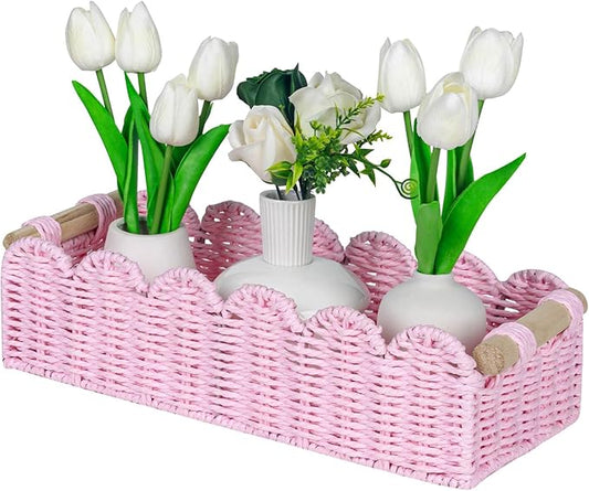 CubesLand Paper Rope Scalloped Edge Gift Basket Empty, Small Living Room,Bedroom Decor Baskets, Pink Woven Toilet Paper Storage Basket, with 2 Wooden Handle, Rectangular