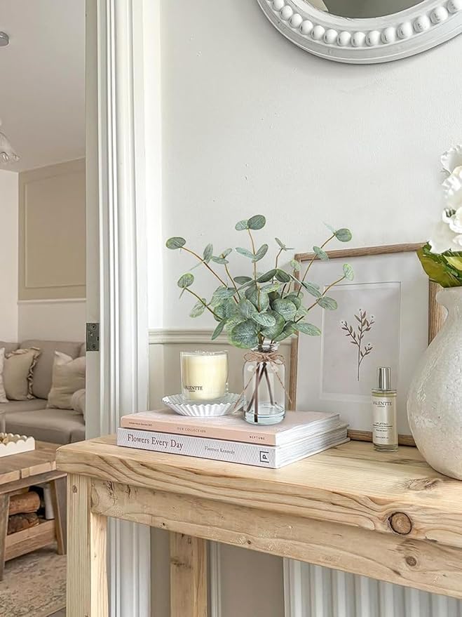 Artificial Eucalyptus Stems in Glass Vase with Faux Water, 13.5” Fake Plants for Home Decor, Coffee Table Centerpieces, Office, Bathroom & Farmhouse Weddings - Faux Greenery Plants Decorations