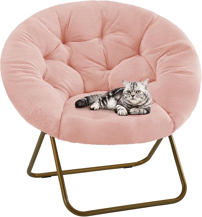 DUMOS Comfy Saucer Chairs Cozy Faux Fur Soft Lounge Cute Folding Bedroom Living Room Seat Flexible Reading Foldable Seating for Kids Adults Thick Padded Metal Frame Modern for Home Office Pink