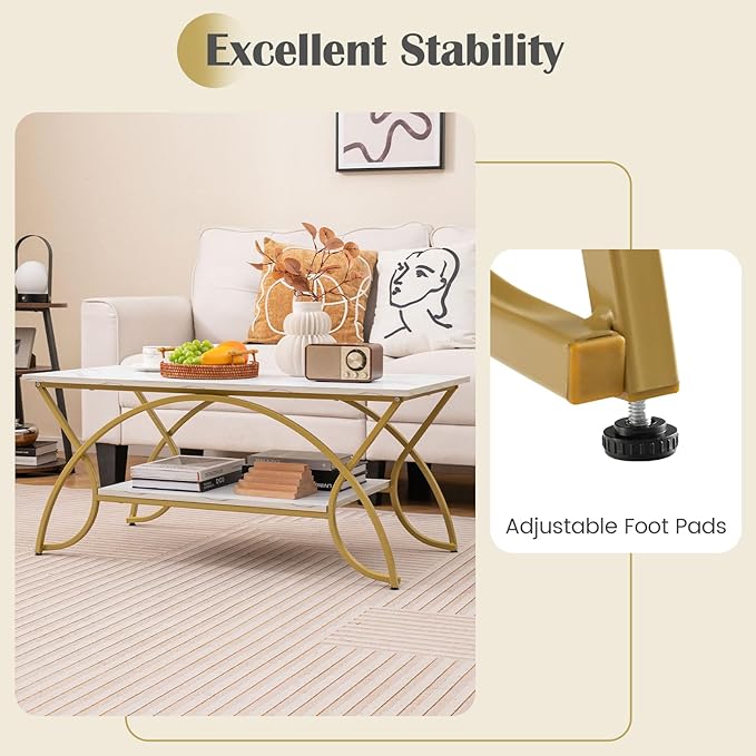 Giantex 2-Tier Rectangular Coffee Table, Faux Marble Table with Open Storage Shelf, Gold Finished Metal Frame, Modern Center Table for Living Room, Reception Room (White+Gold)