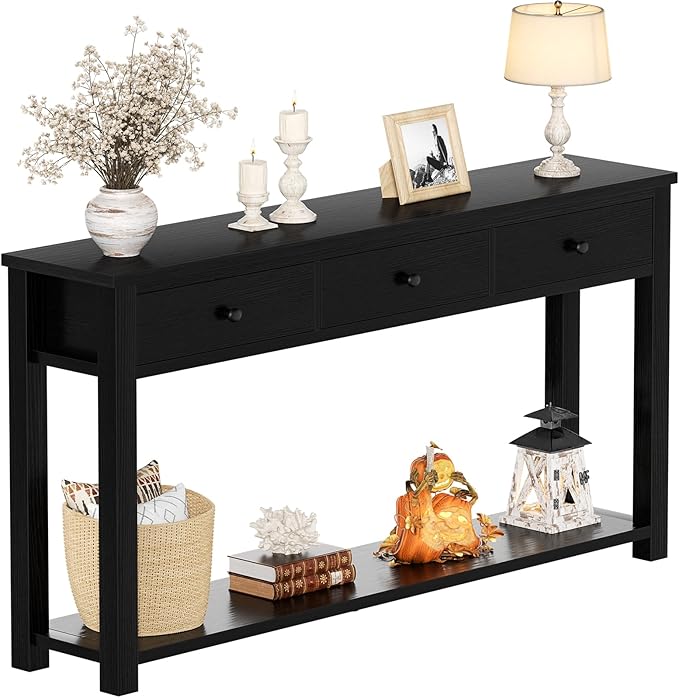 Homieasy Farmhouse Console Table with 3 Drawers, 47 Inch Wood Sofa Table with Storage Shelf for Living Room, Behind Couch, Entryway Table for Hallway, Living Room, or Foyer, Black