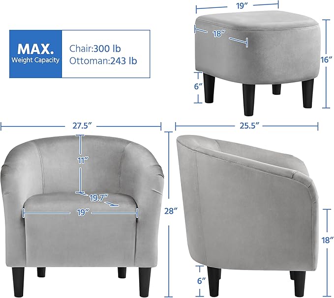 Yaheetech Accent Chair with Ottoman Set, Modern Upholstered Soft Barrel Chair with Footstool, Comfy Fabric Armchair and Footrest for Living Room/Bedroom/Reading Room/Guestroom, Gray