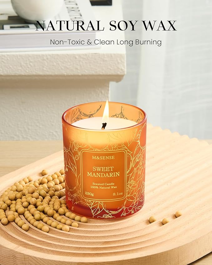 M&SENSE Citrus Scented Soy Candles,Vegan,No Toxin,8.1oz 42-Hour Slow Burning Time,Sweet Mandarin Heavy Scented Candle,Air Purifying Aromatherapy Office Home Fragrance