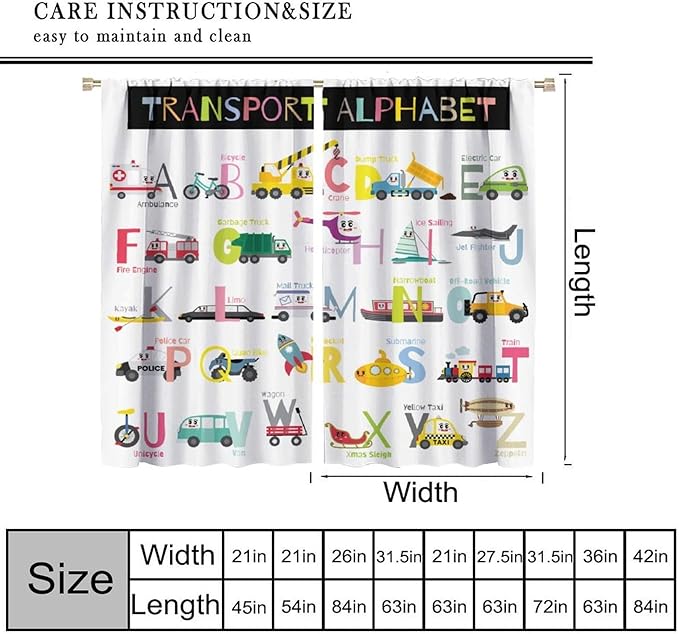Alphabet Curtains，Catoon Transportation Pattern Blackout Print Window Drapes for Kids Bedroom Living Room 52x84 Inch