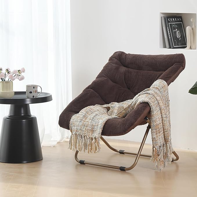 Saucer Chair, Comfy Bedroom Chairs, Oversized Folding Faux Fur Chair, Foldable Metal Frame Chair for Bedroom, Living Room, Balcony, Patio, Study, Playroom (Coffee)