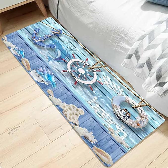 Bath Rugs Sponge Foam Absorbent Soft for Bathroom and Kitchen (47x18 inches), Flannel Mat Non Slip Bright 3D Print for Bedside and Living Room(Nautical Anchor Helmsman)